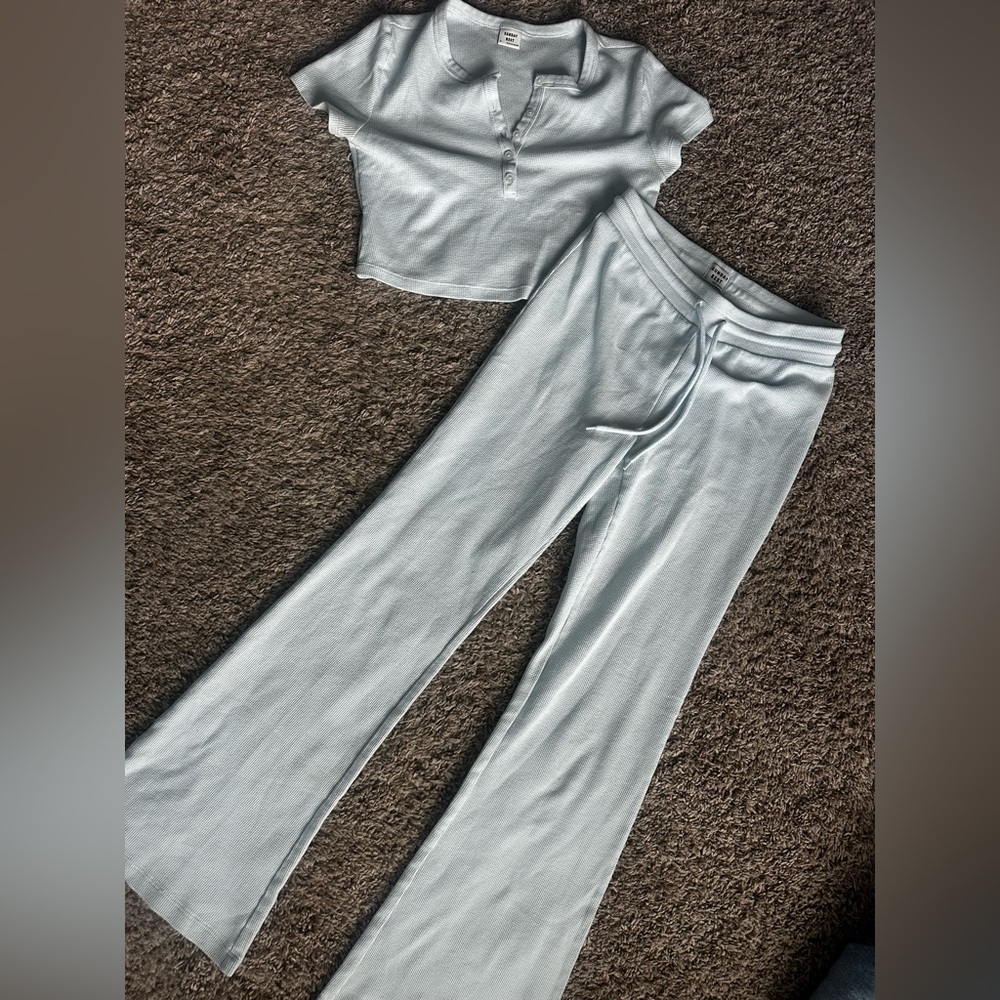 Aritzia Light Blue Ribbed Top and Flare Pants Lounge Set